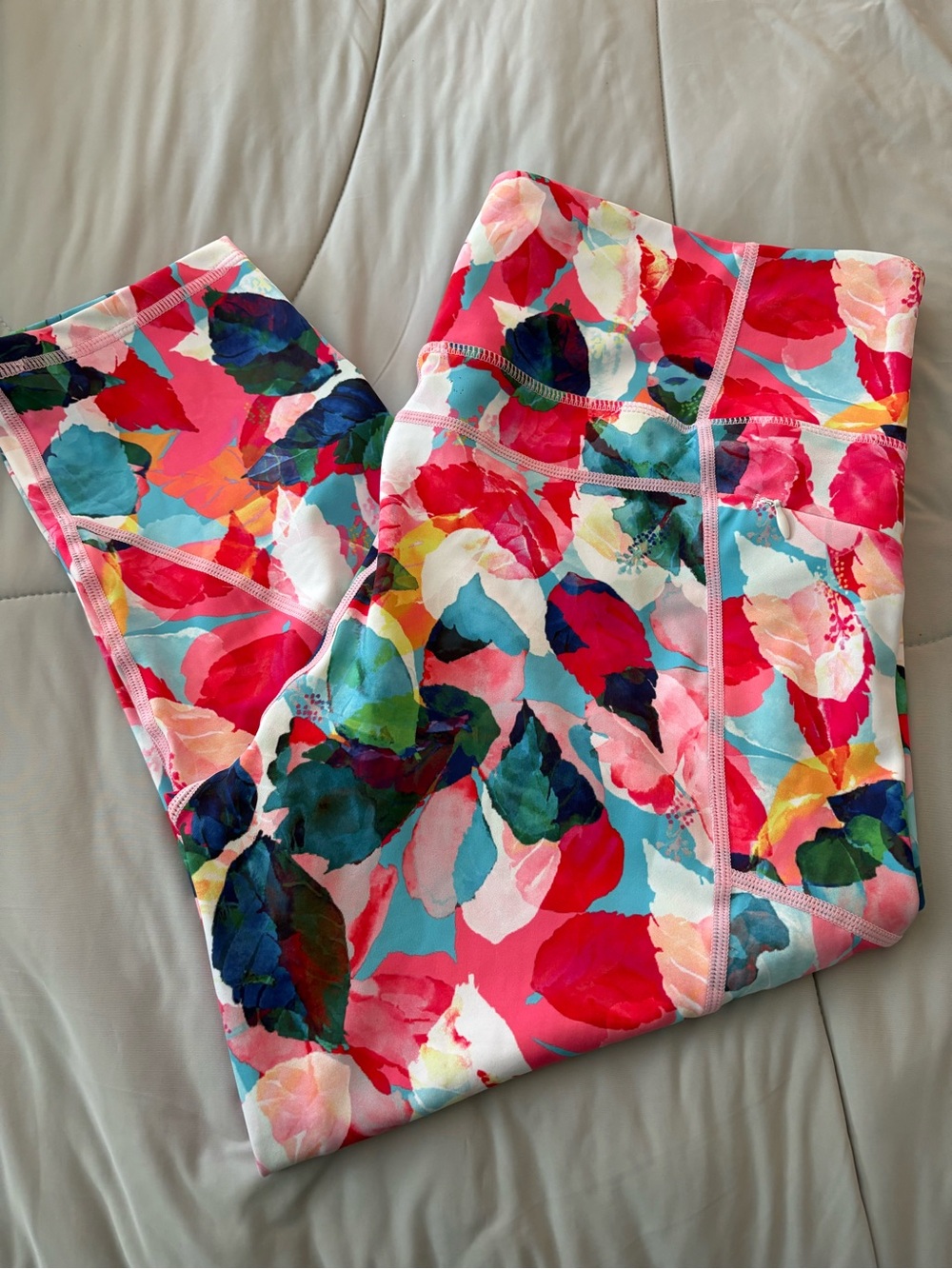 ZYIA women’s  Floral Leaf Print Leggings - Pink Blue Green